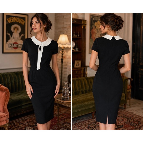 Unique Vintage Dresses & Skirts - Unique Vintage Black Peter Pan Collar Bow Midi Dress Large NWT